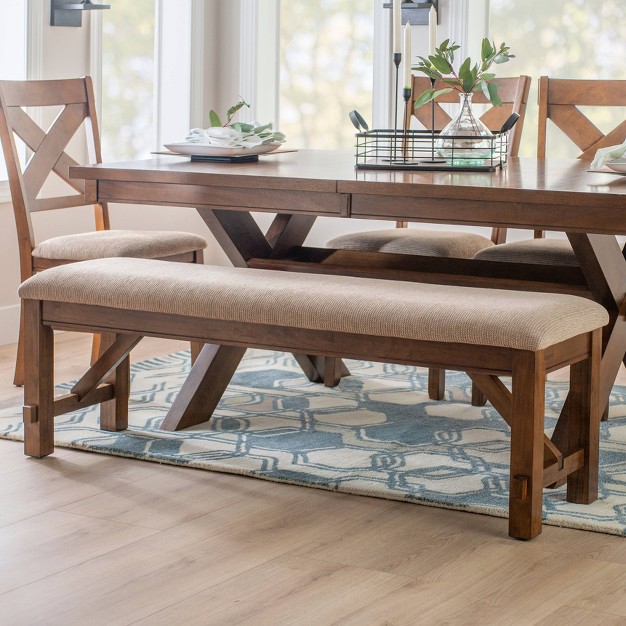 Jackson Traditional Wood Upholstered Tan Seat Bench Dark Hazelnut Brown Powell
