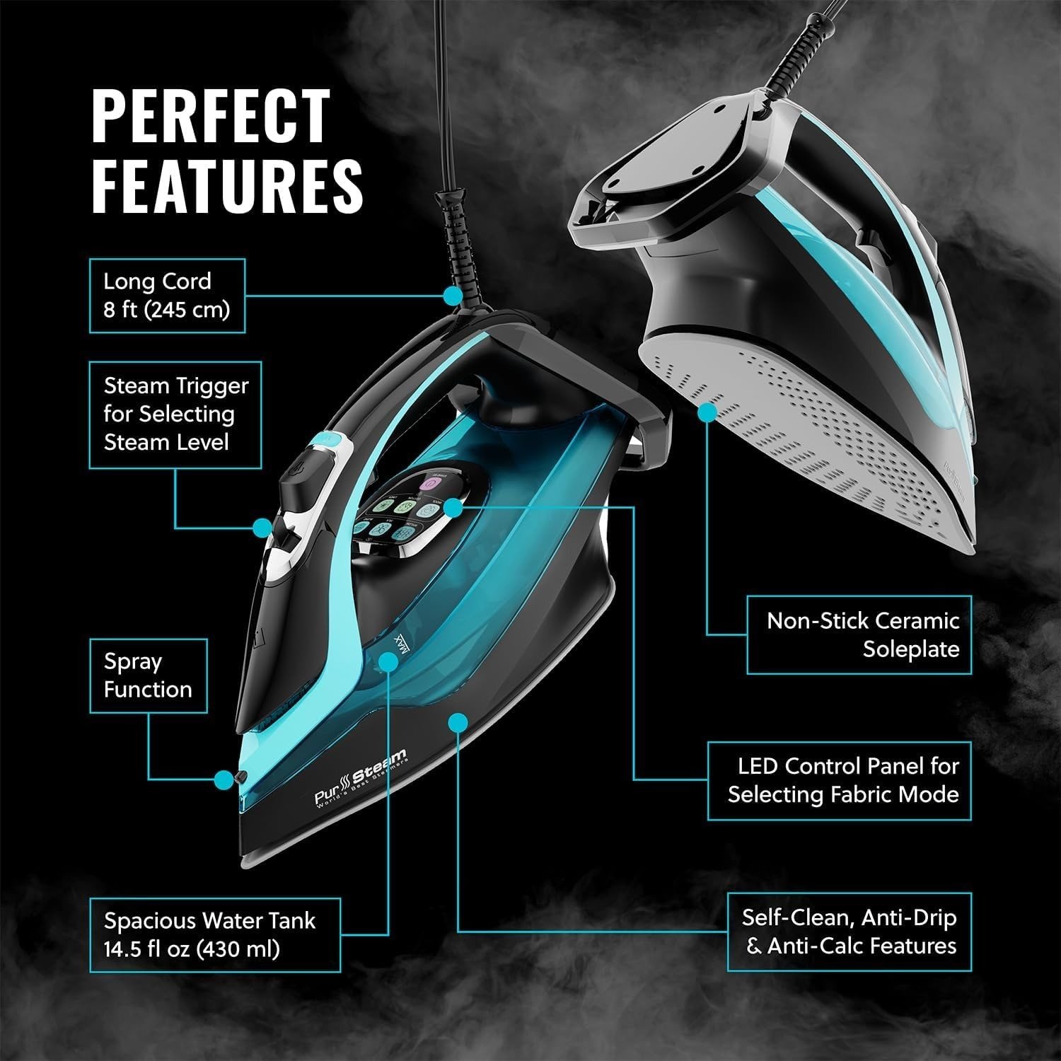 1750W Steam Iron, Digital Temp Control & LED Display, Ceramic Soleplate, Adjustable Steam, Self-Clean, Anti-Calc, Anti-Drip, Auto Shut-Off