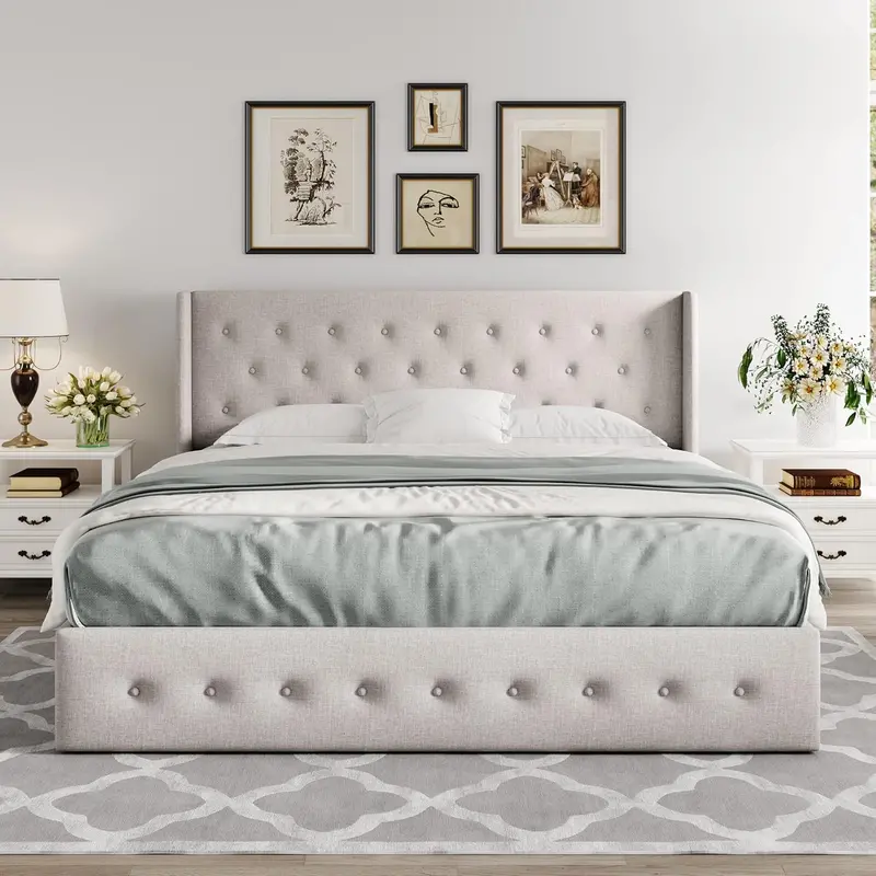 Queen Lift-Up Storage Bed – Modern Wingback Design with Hydraulic Lift, No Box Spring Required (Light Beige)