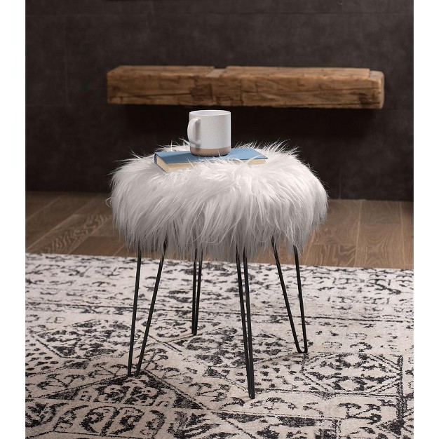 Birdrock Home Round Faux Fur Foot Stool Ottoman Grey With Black Legs