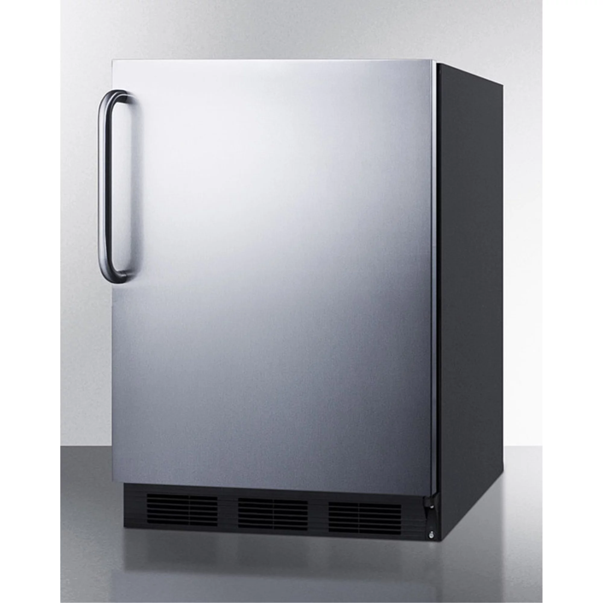 ADA compliant all-refrigerator for built-in general purpose use, auto defrost w/stainless steel wrapped door, towel bar handle, and black cabinet