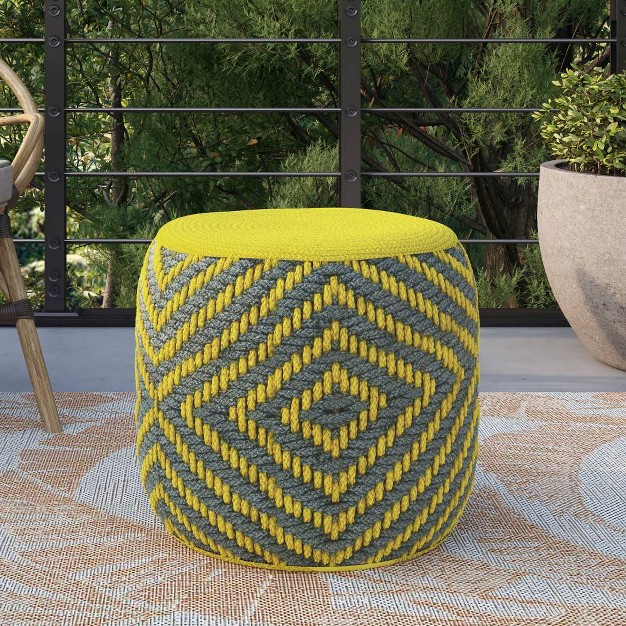 Elza Round Woven Pet Polyester Pouf Gray yellow Wyndenhall