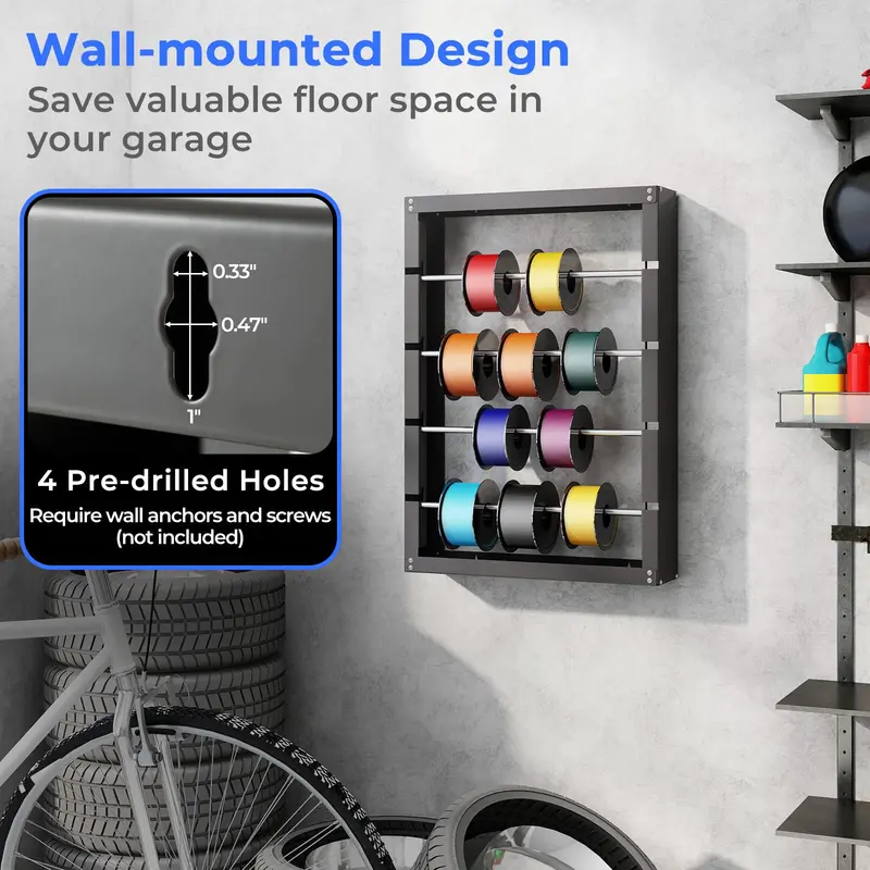 Wall-Mounted Wire Spool Rack — Four-Rod Cable & Ribbon Organizer with Dispensing Design