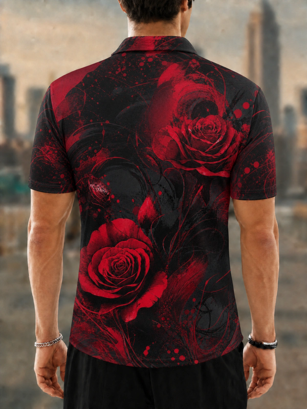 Men's Red Rose Floral Print Printed Golf Polo Shirt