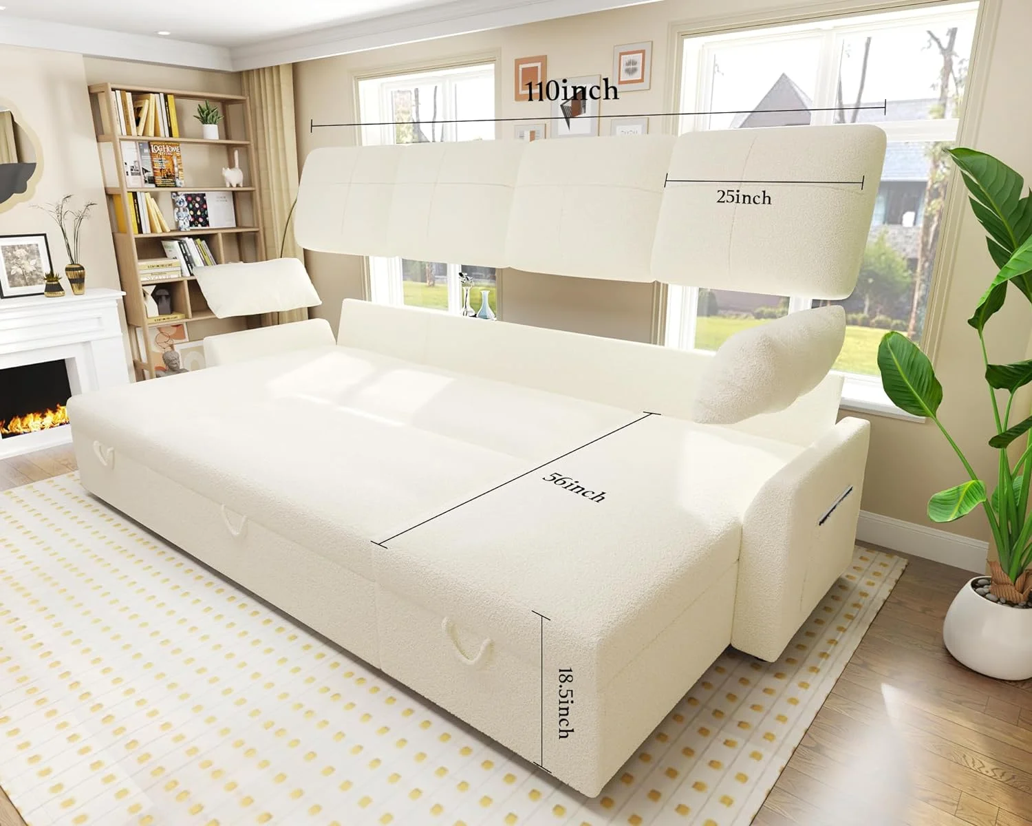 Papajet Sleeper Sofa, 110″ Overisze Sofa Bed with 2 Storage Chaise for Living Room, White Boucle