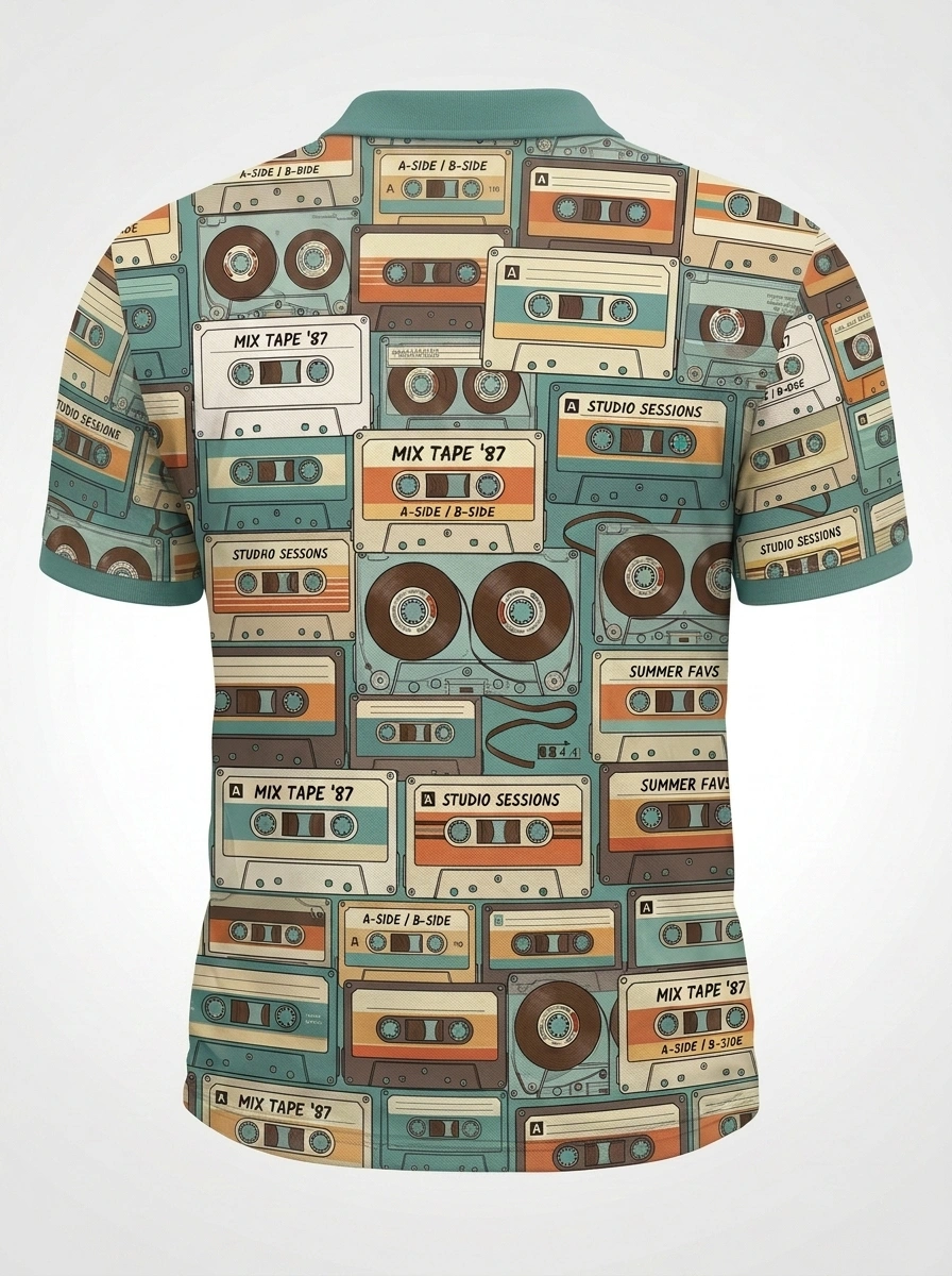 Moisture Wicking Golf Polo 3D Retro Cassette Tape Button Short Sleeve Golf Polo Shirt