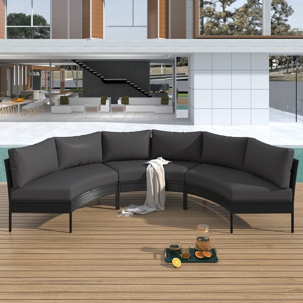 3 Piece Patio Furniture Set,Round Wicker Sectional Sofa with Cushions