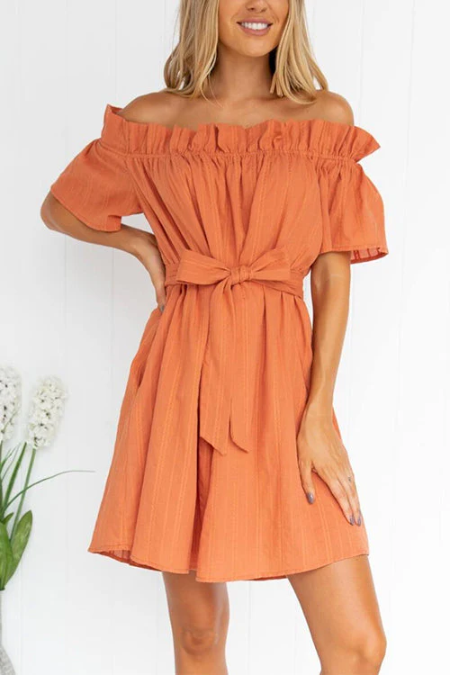 Off Shoulder Ruffle Midi Dress with Tie WaistClistos