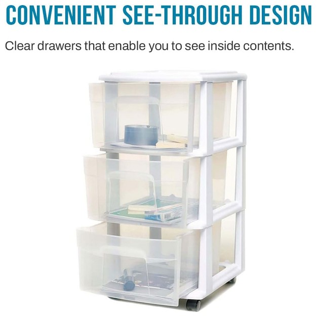 Homz Clear Plastic 3 Drawer Medium Home Organization Storage Container Tower With 3 Large Drawers And Removeable Caster Wheels White Frame