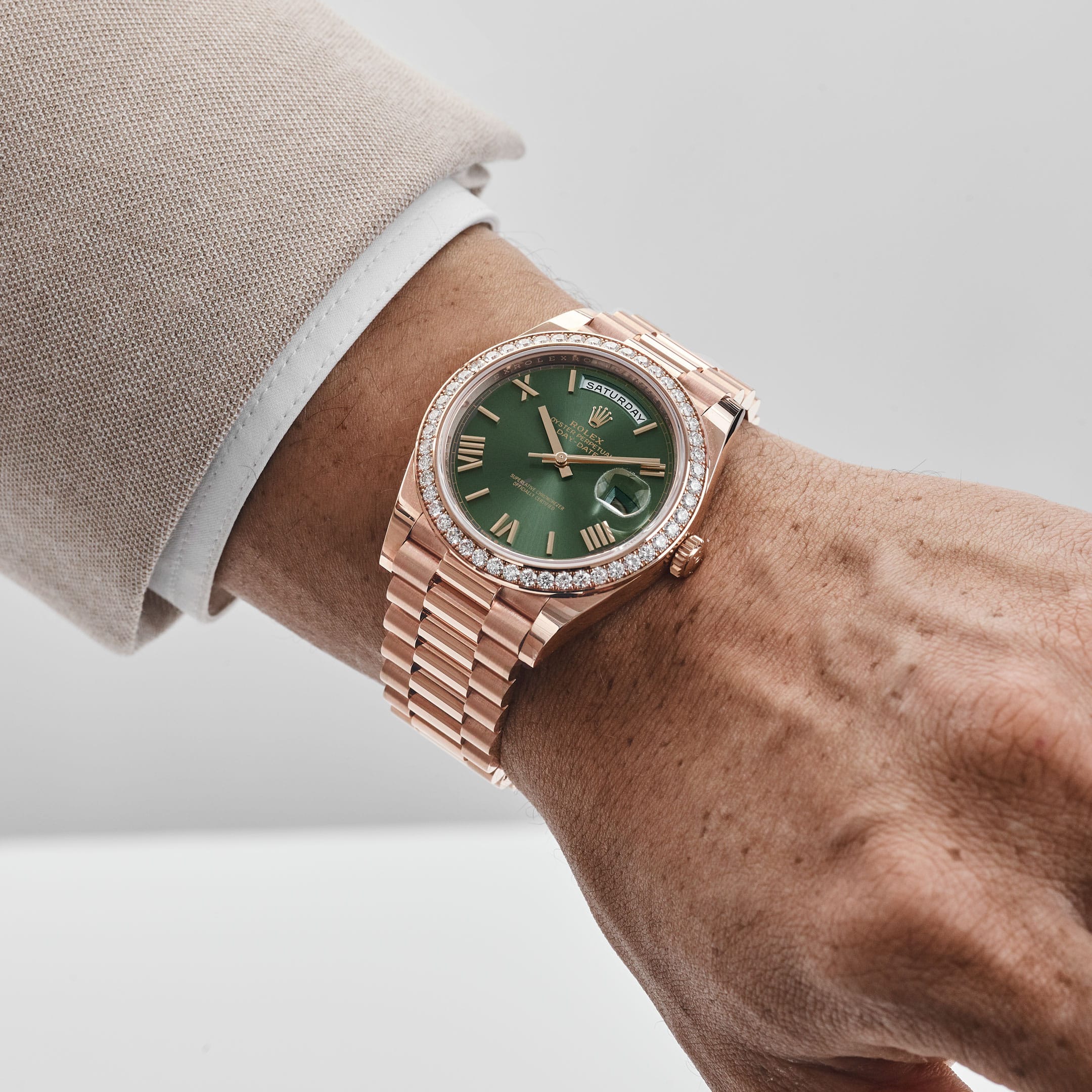 Rolex Day-Date 40 228345RBR Rose Gold Olive Green Roman Numerals Dial Diamond Bezel (2021)
