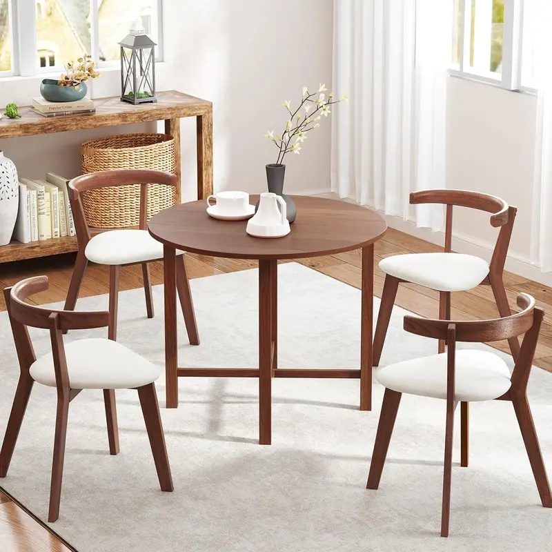 Walnut Round Drop-Leaf Dining Table – 36-Inch Extendable Farmhouse Table with Solid Wood Legs, Seats 2–4 in Small Spaces
