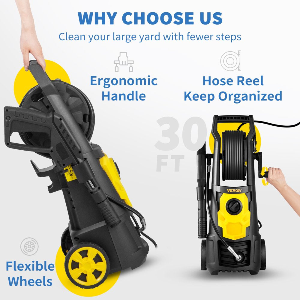 VEVOR Electric Pressure Washer, 2000 PSI, Max. 1.76 GPM Power Washer W/ 30 Ft Hose & Reel