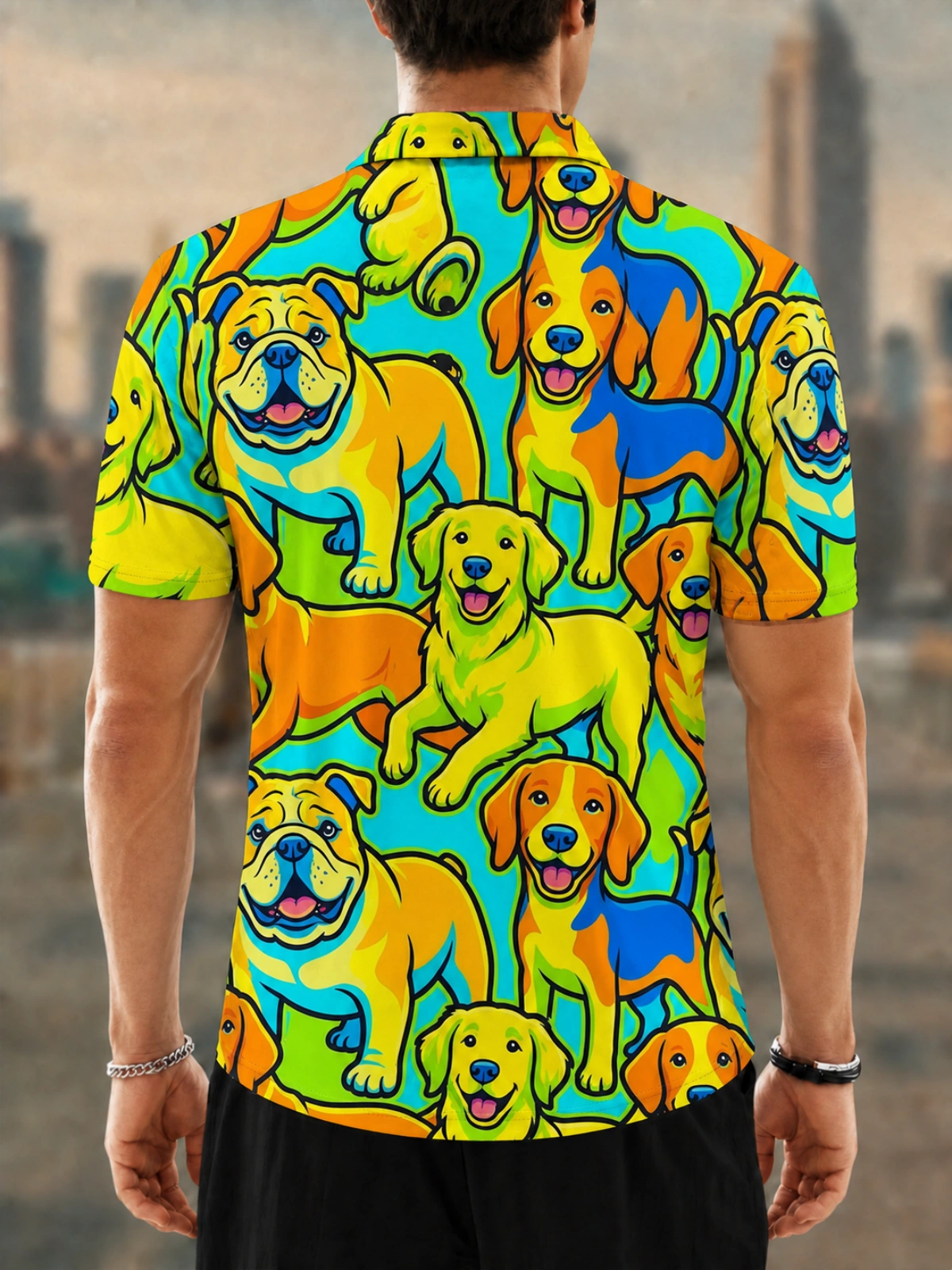 Moisture Wicking Golf Polo 3D Cartoon Multicolor Dog All Over Print Button Short Sleeve Golf Polo Shirt