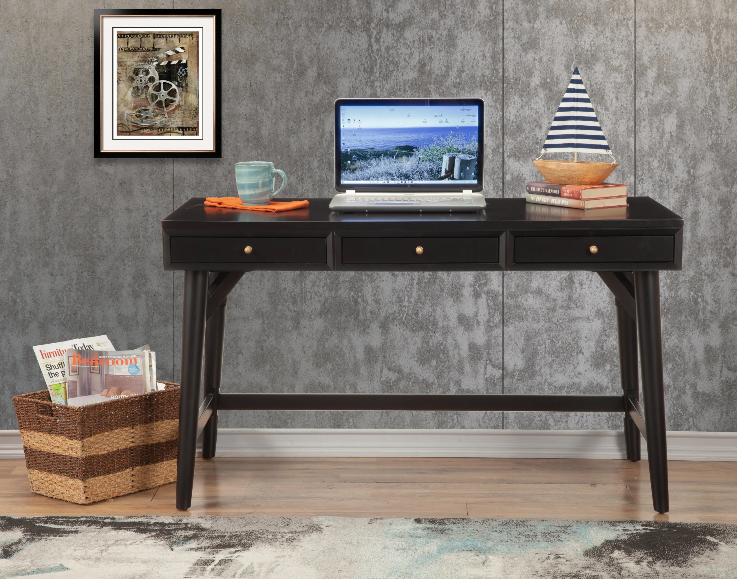 Alpine Furniture Flynn Large Wood 3 Drawer Desk in Black
