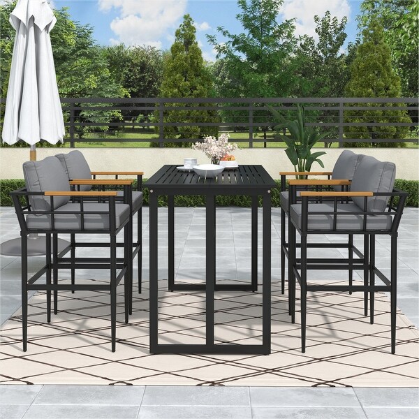 Steel Outdoor Dining Set with Acacia Wood Armrest Suitable For Patio,Balcony Or Backyard