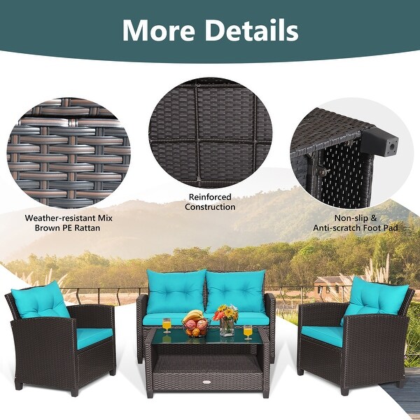 Costway 4 PCS Patio Rattan Furniture Set Glass Table Shelf Sofa