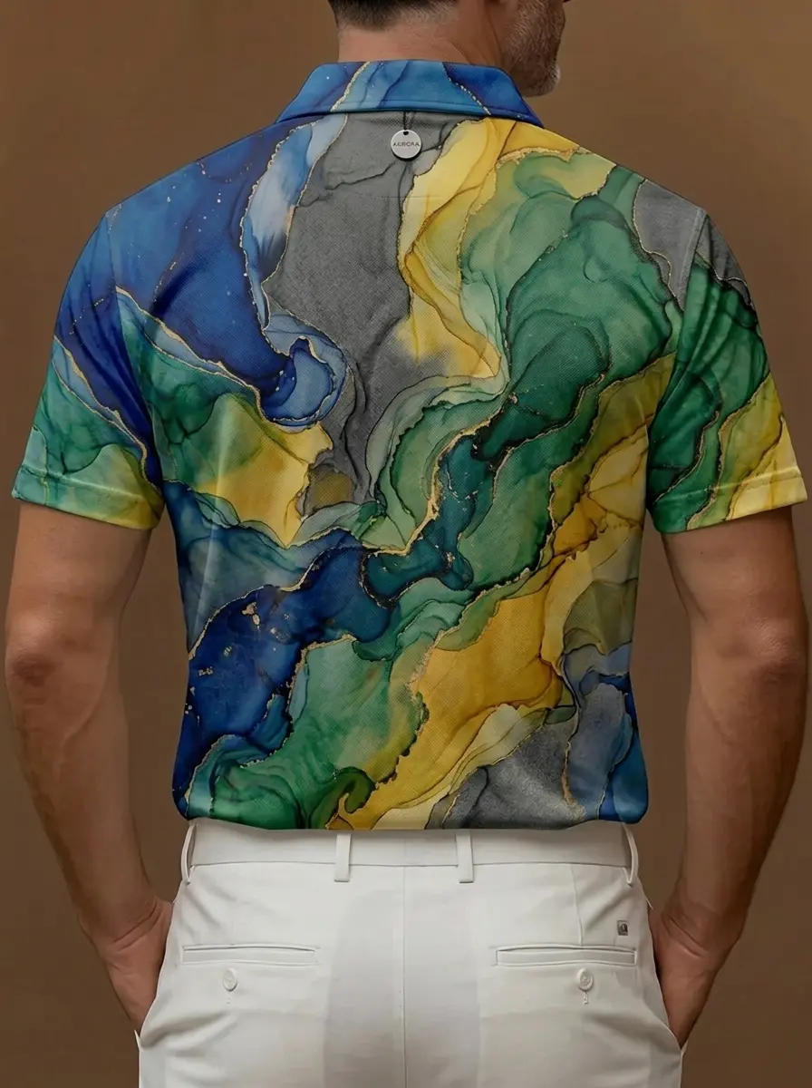 Blue Green Gold Marble Watercolor Print Short Sleeve Golf Polo Shirt