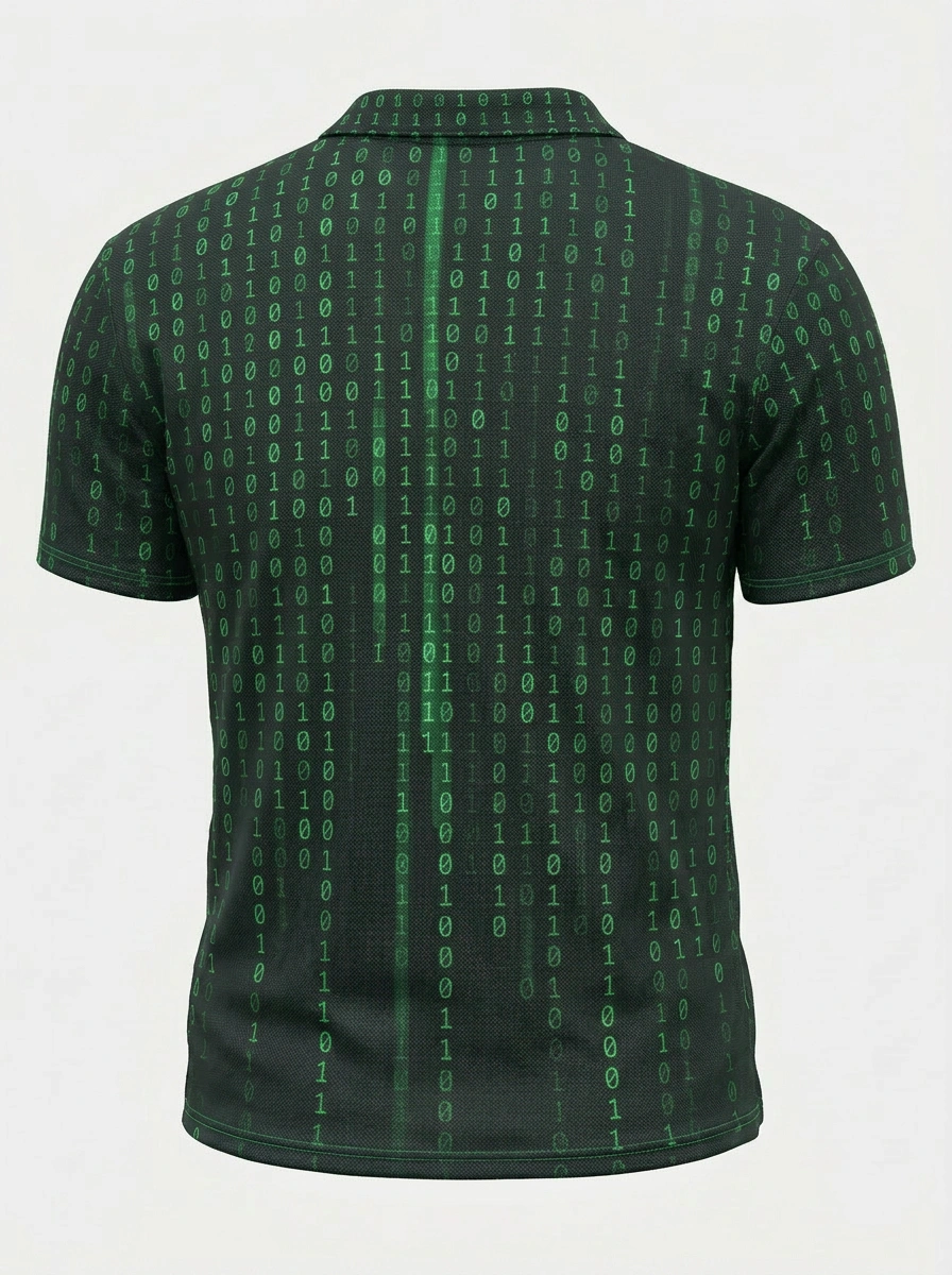 Moisture Wicking Golf Polo 3D Black Green Binary Code Button Short Sleeve Golf Polo Shirt