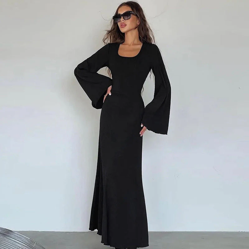 Elegant Square Neck Maxi Dress with Bell SleevesClistos