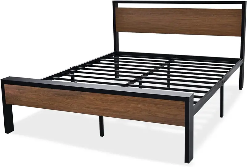SHA CERLIN Queen Metal Platform Bed – 14″ Height Frame with Solid Wood Headboard & Footboard