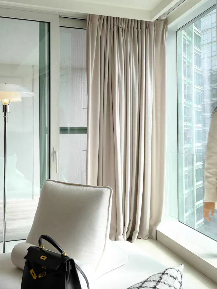 FA004 - Home Herm@s Blackout Cream Solid Linen-Like Living Room Bedroom Floor-to-Ceiling Blackout Curtains