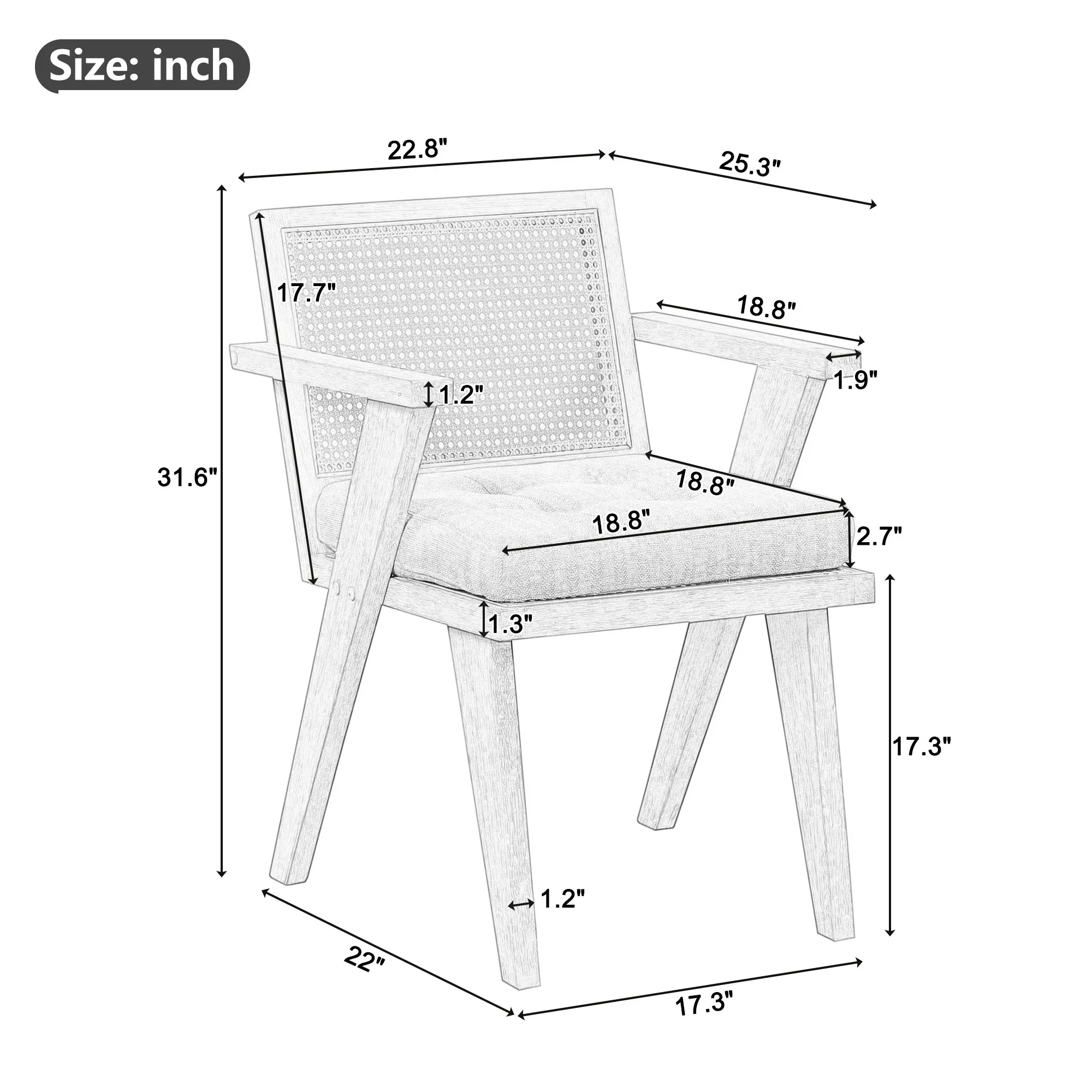 Handcrafted Rattan Backrest Mid-Century Accent Chair - Padded Seat - Ideal Living Room, Bedroom, Entryway - Natural