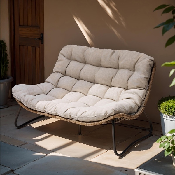 Double Papasan Chair Loveseat with Cushion,Allweather PE Rattan and Metal Frame for Indoor Outdoor