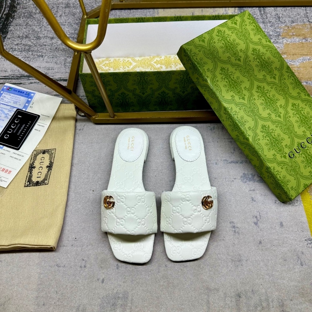 Gucci Women Slide Sandal With Double G Ivory 816330 Aaea2 9540