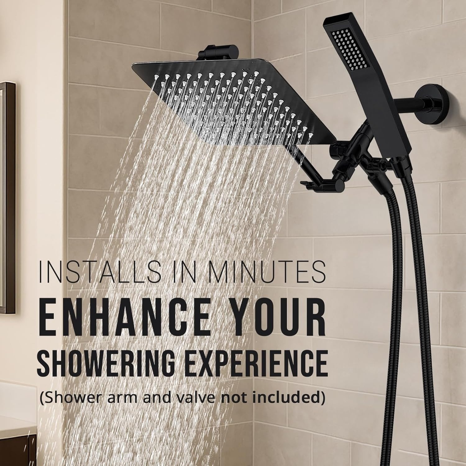 8-Inch Square Dual Shower Head Combo, All-Metal Handheld with Adjustable Extension Arm (Matte Black)