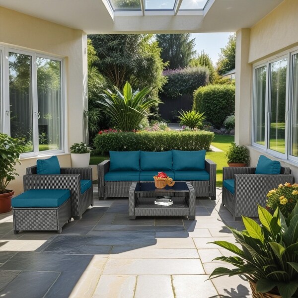 7Piece Wicker Outdoor Sectional Set with Cushions and Table