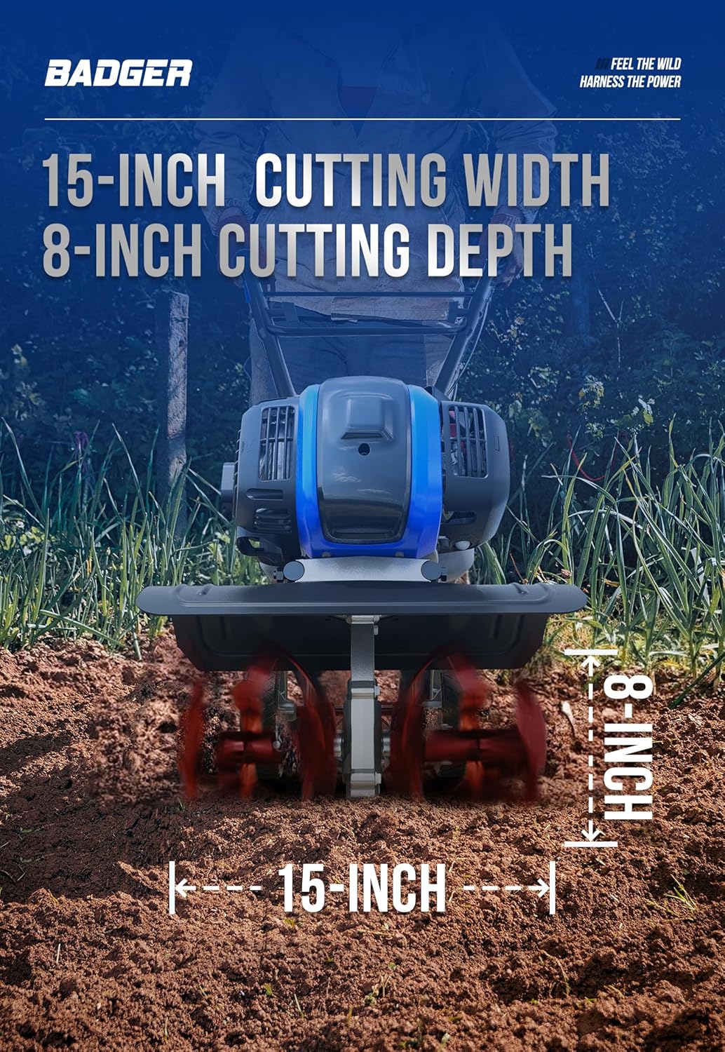 Garden Tiller 53cc Mini Cultivator 15 inch Powerful Liftable Booster Rod Tilling Tool for Lawn, Garden and Field Soil Cultivation