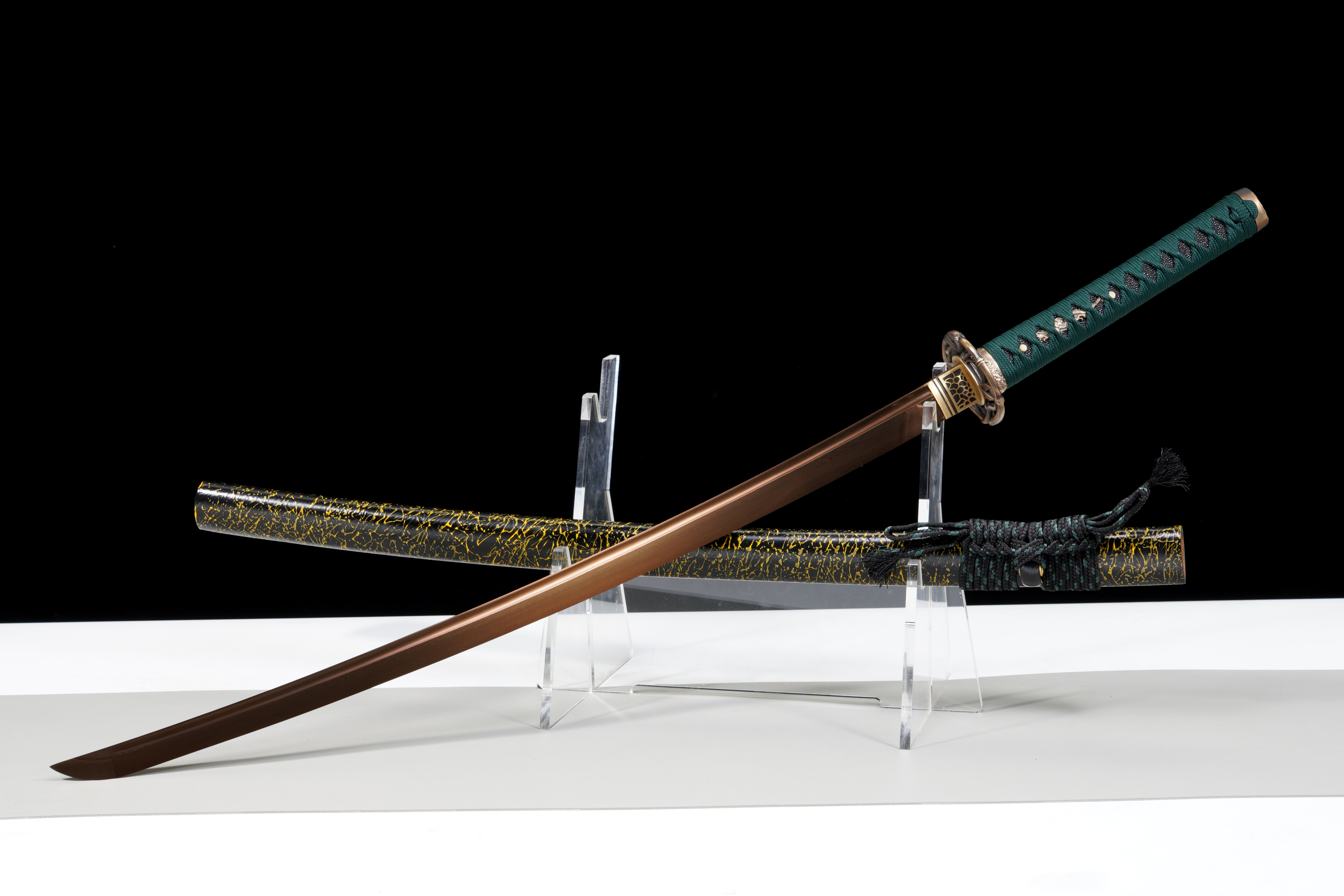 Handmade Katana Damascus Gold Blade Copper Tsuba Jade Shadow Full Tang