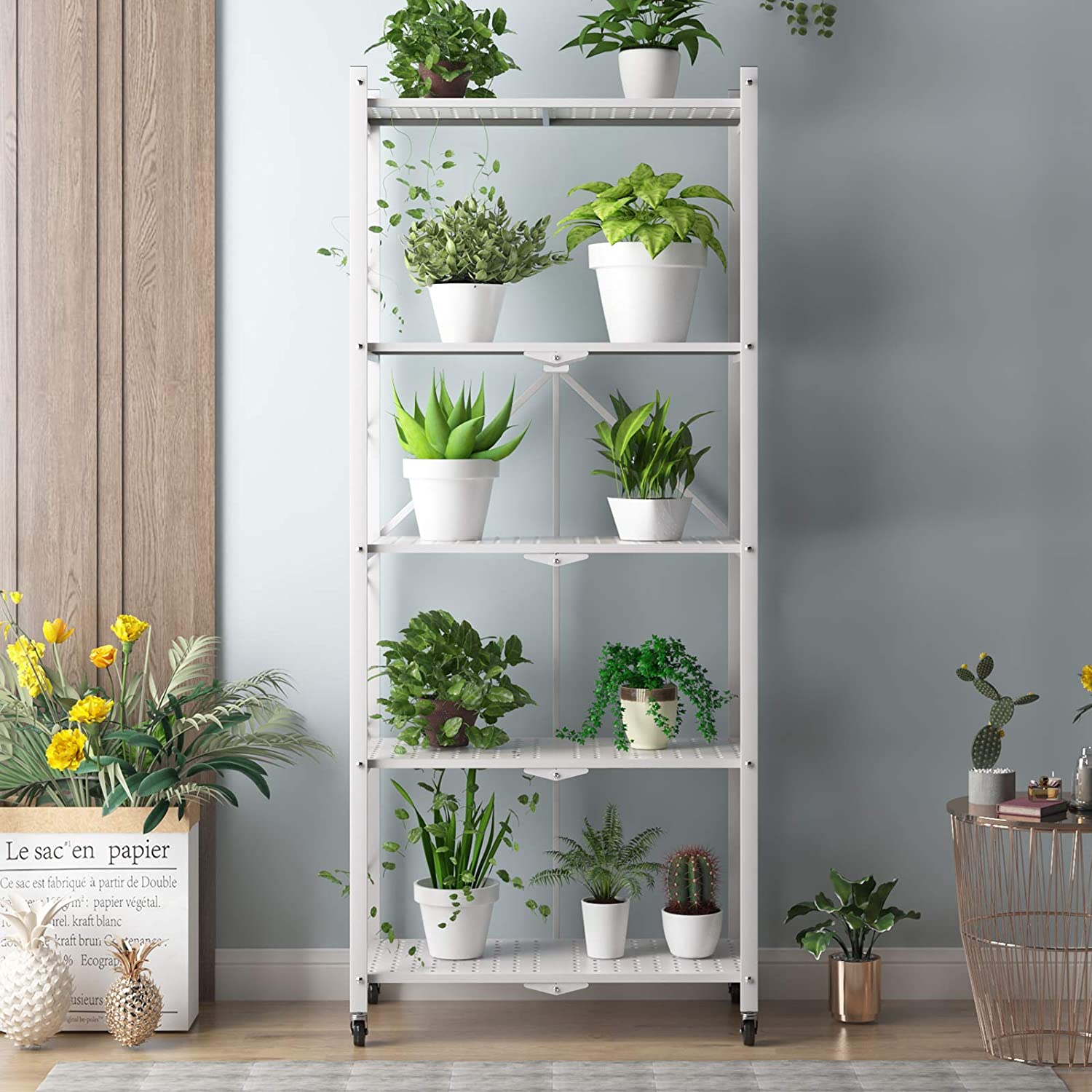 SogesPower Foldable Metal Standing Shelf 5 Tiers Storage Rack with Wheels, Easy Moving Cart, White
