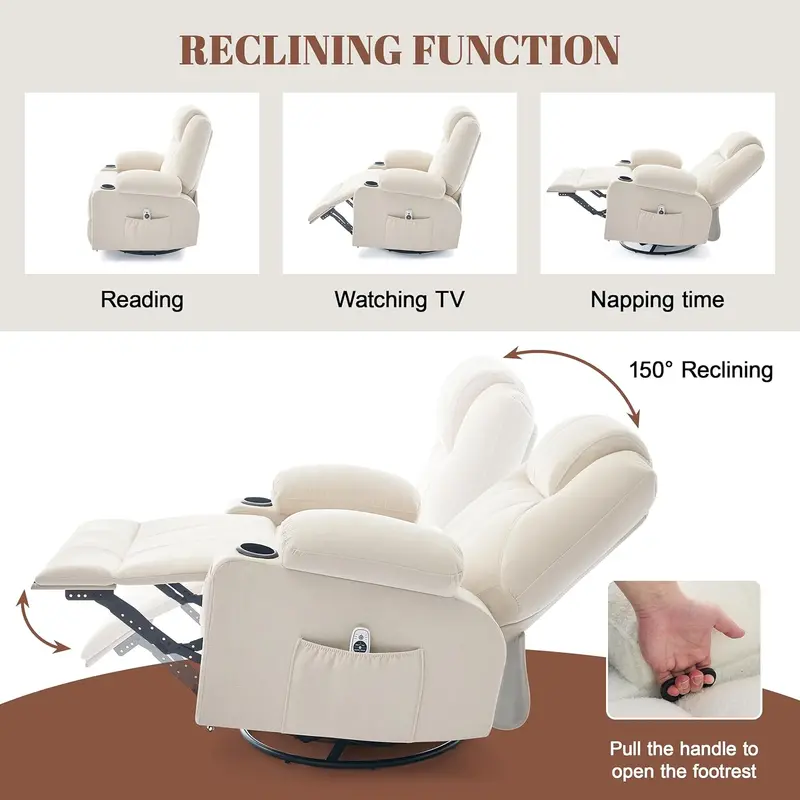 Premium Swivel Rocking Recliner – Heated & Massaging, 360° Rotation, Single-Seat Lounge Sofa