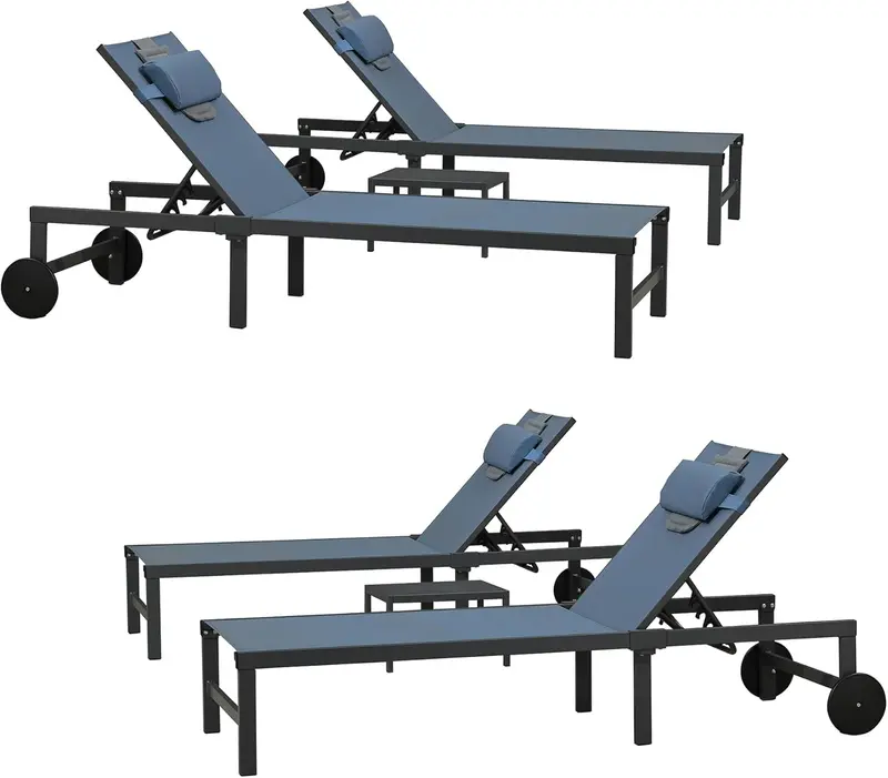 PURPLE LEAF Tanning Lounge Set – Adjustable Aluminum Reclining Chairs with Face-Down Hole, Wheels, Pillows & Matching Table