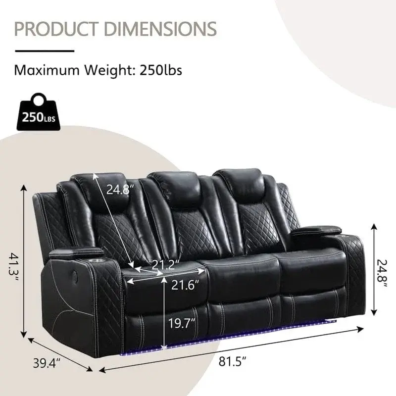 Power Reclining Sofa – Faux Leather Living Room Seating with Wireless Charging & LED Lighting