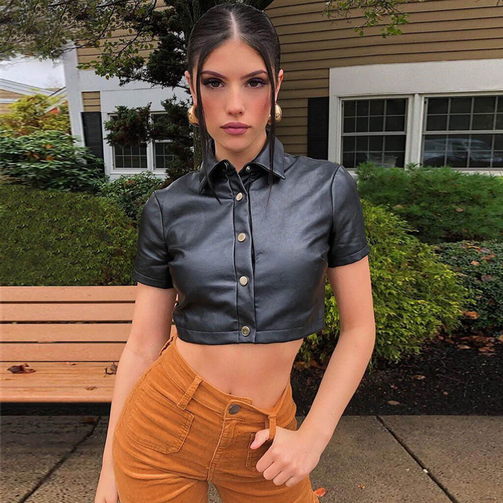 Collared Leather Crop Top - Edgy Chic StyleClistos