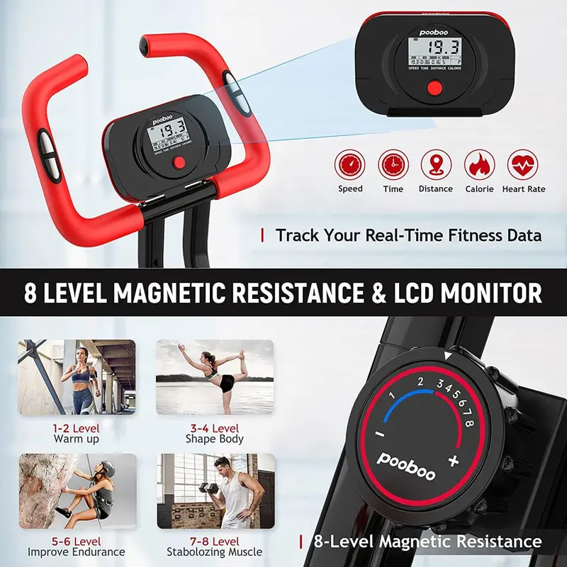 Pooboo X819 Foldable Indoor Exercise Bike – 8-Level Magnetic Resistance & LCD Display