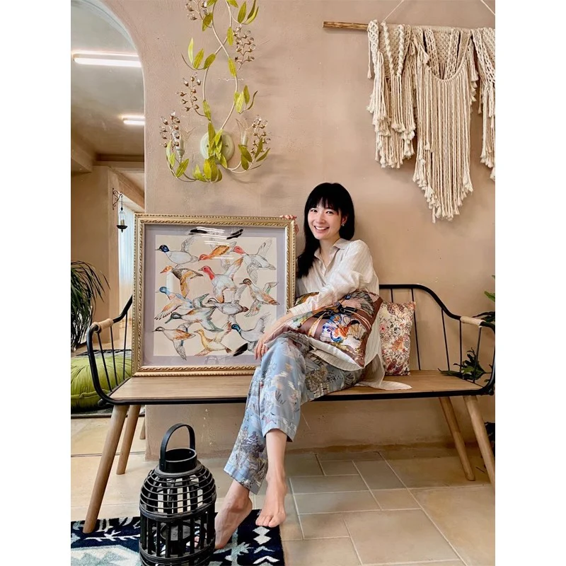 AH050 - Luxury Art Silk Scarf Painting with Genuine Feather Inlay, Unique Décor