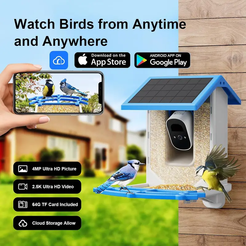 Solar-Powered Bird Feeder Camera – 4MP 2.5K AI Bird Identifier, Wireless Design with 64GB TF Card & Motion-Triggered Video Alerts