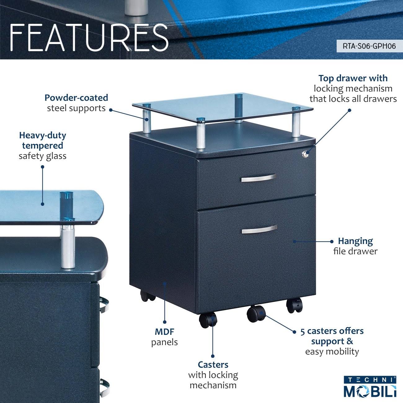GZMR Rolling Graphite File Cabinet with Glass Top - Letter