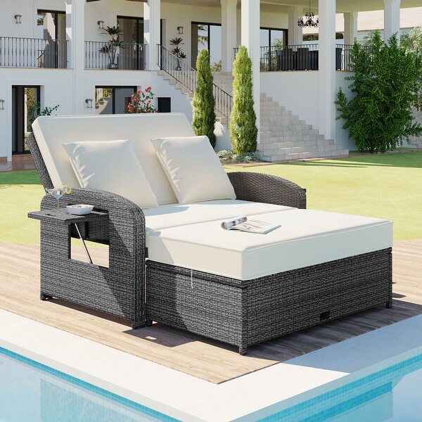PE Wicker Rattan Double Chaise Lounge,2Person Reclining Daybed with Adjustable Back and Cushions