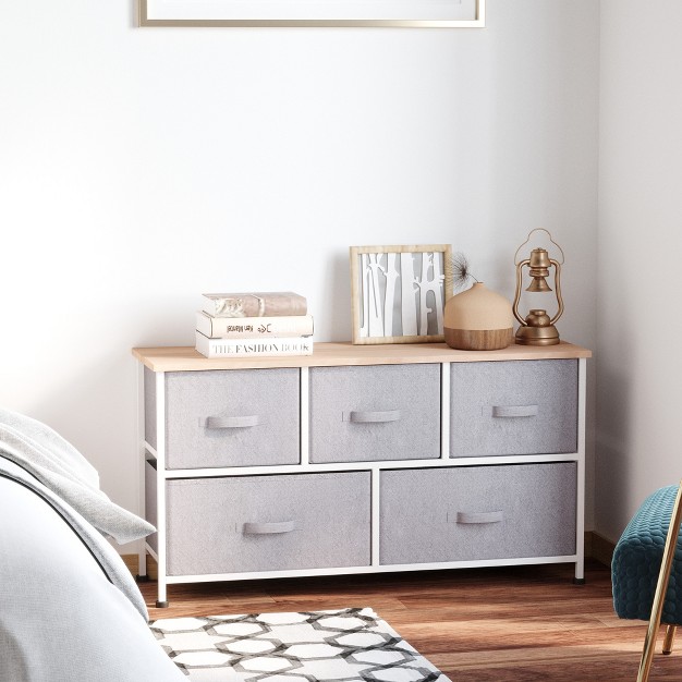 L 5 Drawer Horizontal Storage Cube Dresser Unit Bedroom Organizer Livingroom Shelf Tower With Fabric Bins