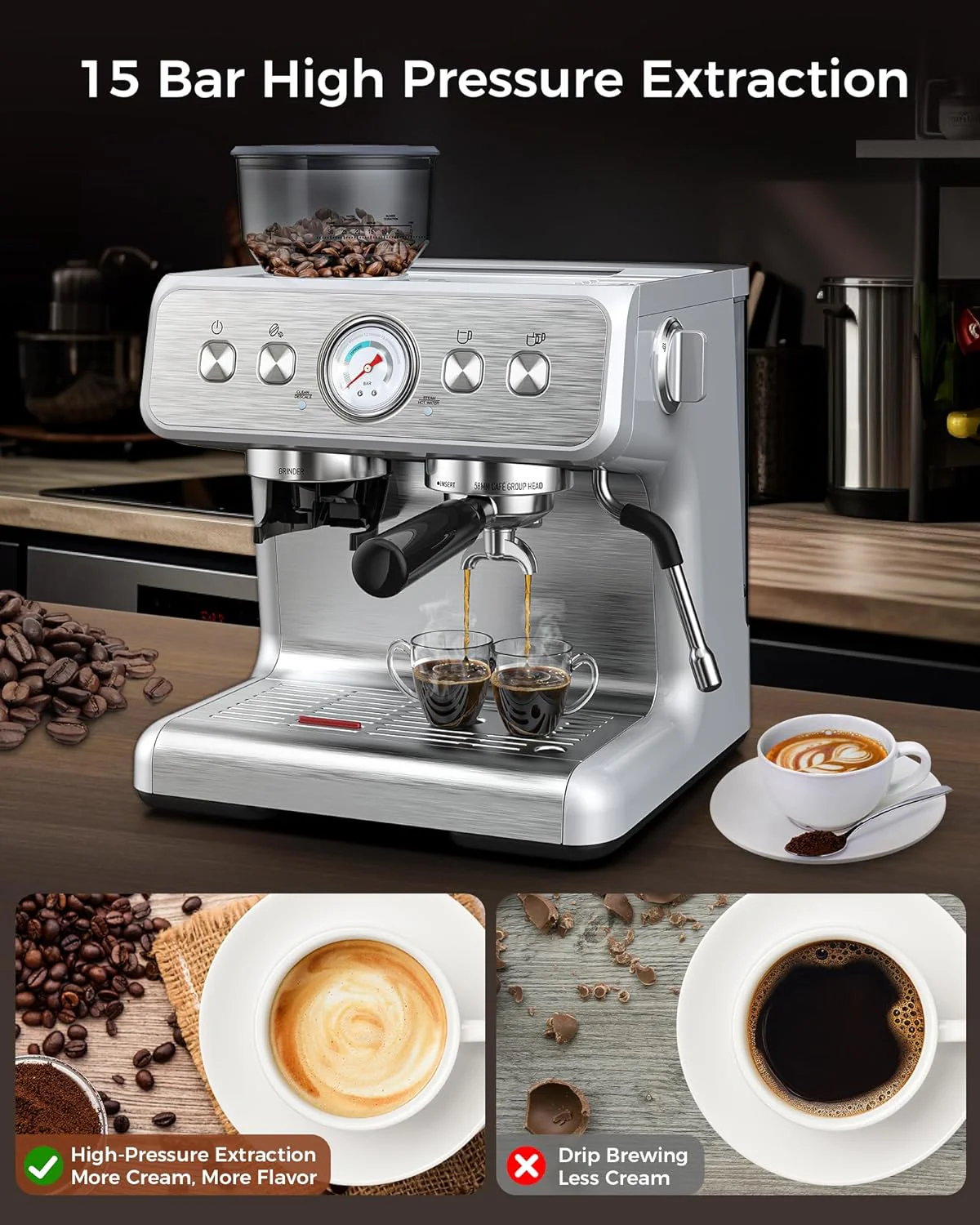 Espresso Machine 15 Bar, Semi-Automatic Coffee Maker with Bean Grinder and Milk Frother Steam Wand CM8050
