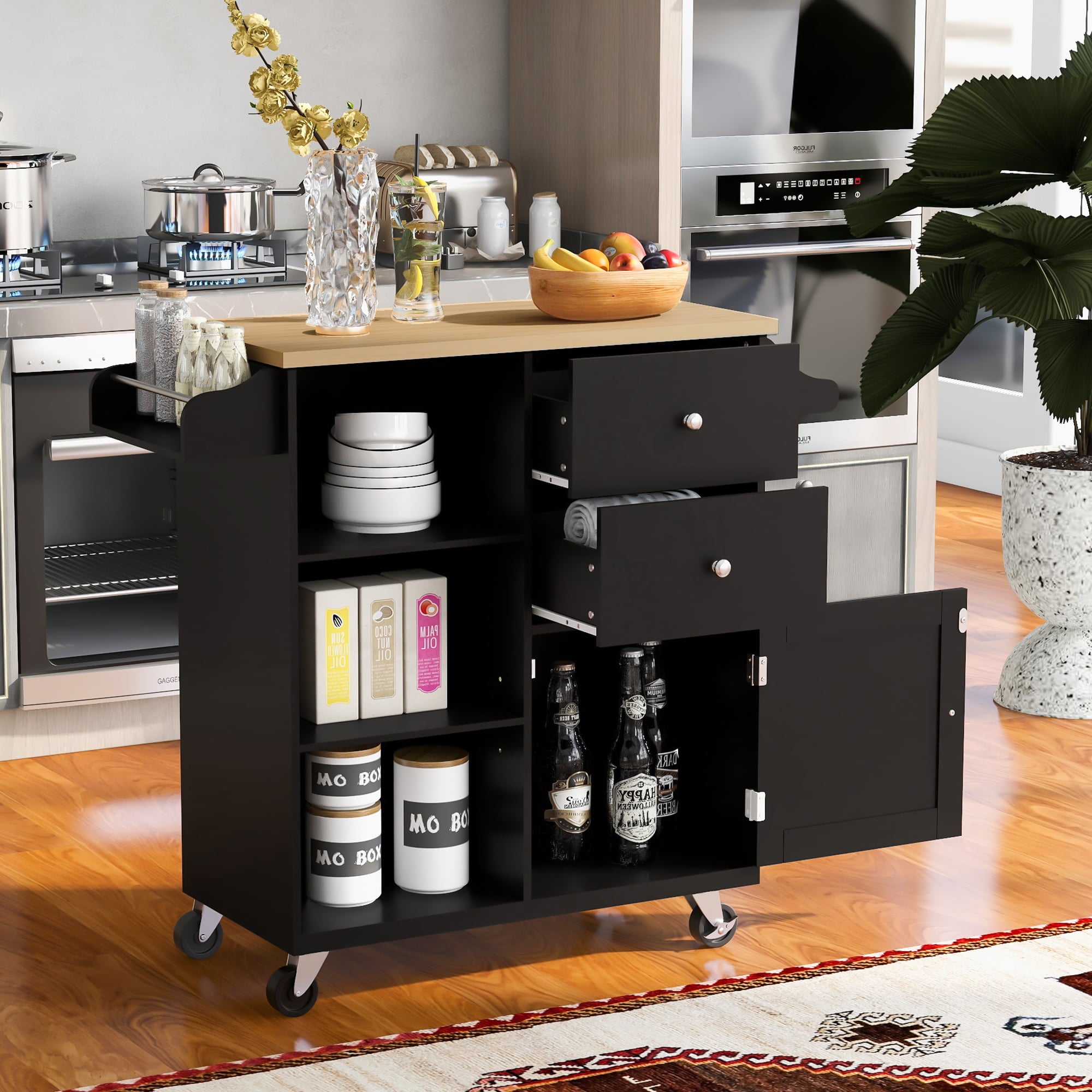 Kitchen Cart with Wheels, HSUNNS Wood Top Kitchen Island Cart with Storage Drawers|Open Shelves|Spice Rack|Towel Rack, Rolling Kitchen Cabinet Trolley Cart, Black