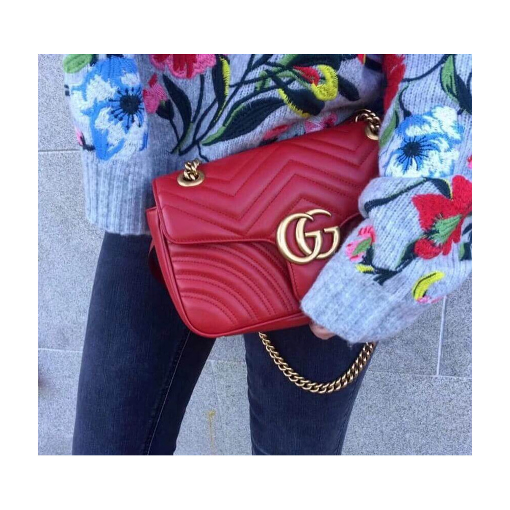 Gucci GG Marmont Matelasse Chevron Leather Small Shoulder Bag Red