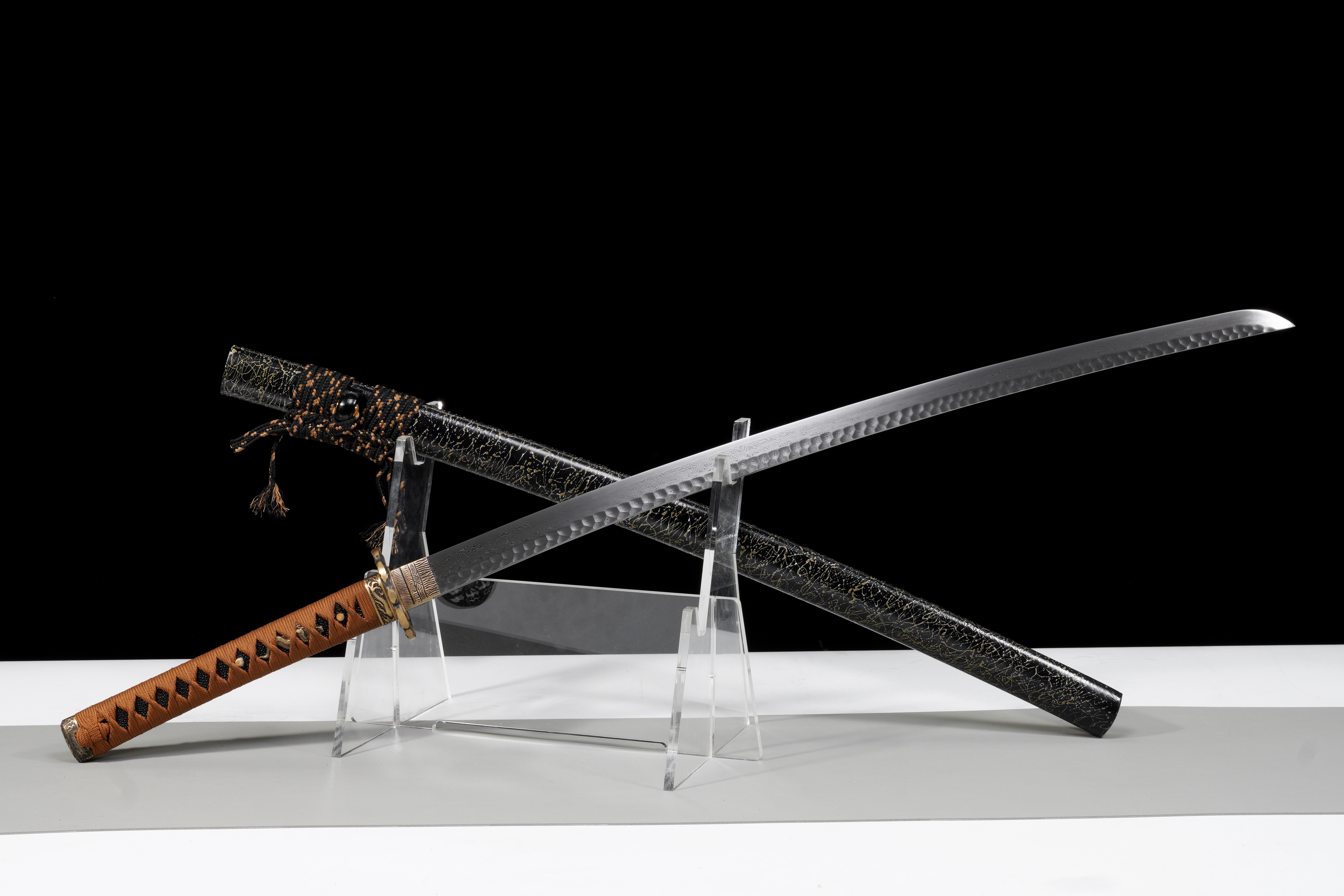 Handmade Katana Damascus Steel Night Rain Golden Dragon Full Tang