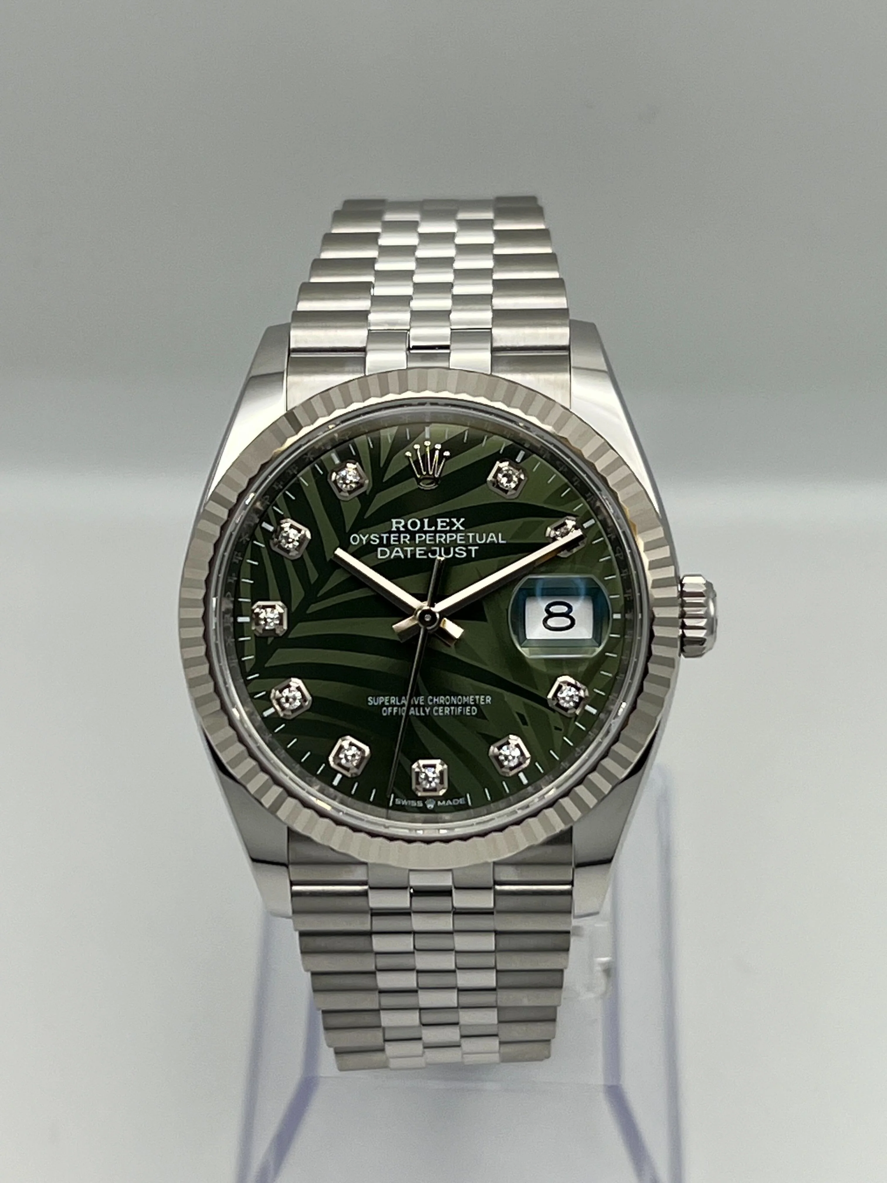 Rolex Datejust 36 126234 White Gold Stainless Steel Palm Motif Diamond Dial Jubilee
