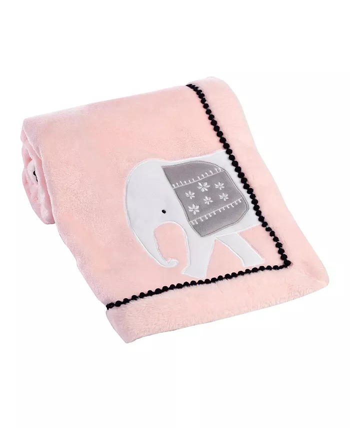 Lambs and Ivy Happy Jungle Pink Elephant Fleece Baby Blanket w  Pom Pom Trim