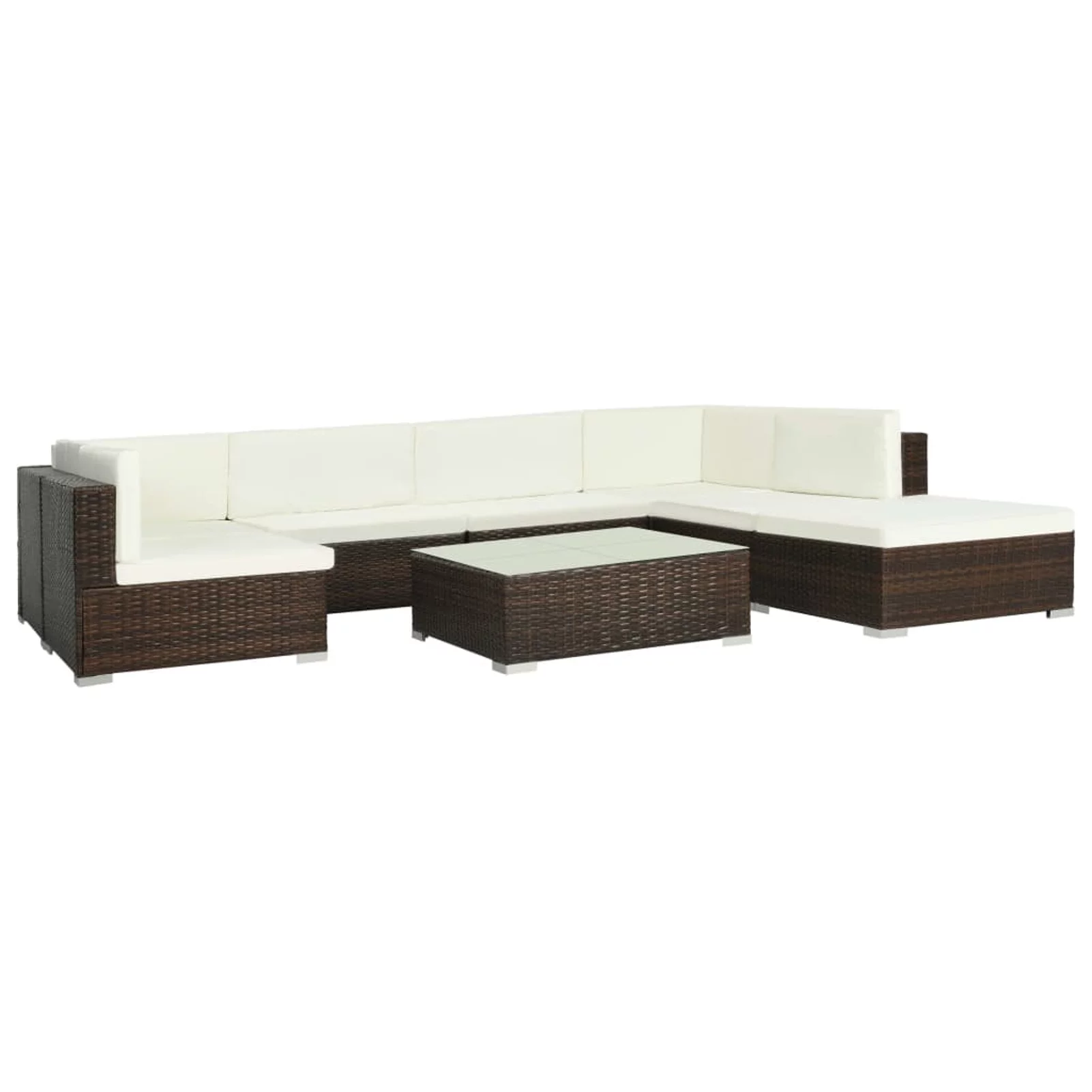 Dcenta 8 Piece Garden Conversation Set Cream White Cushioned 2 Corner and 4 Centre Sofa with Coffee Table, Ottoman Brown Poly Rattan Sectional Outdoor Furniture Set for Patio, Backyard, Balcony
